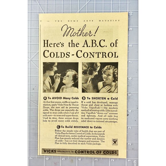 Vicks Nose & Throat Drops "Mother! Here's the A.B.C. of Colds-Control" Ad 1933 - Picture 2 of 3